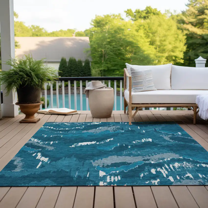 Navy Blue And Teal Blue Abstract Washable Indoor Outdoor Area Rug Photo 9