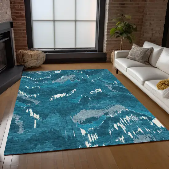Navy Blue And Teal Blue Abstract Washable Indoor Outdoor Area Rug Photo 8