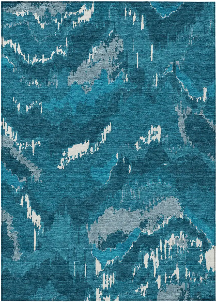 Navy Blue And Teal Blue Abstract Washable Indoor Outdoor Area Rug Photo 2
