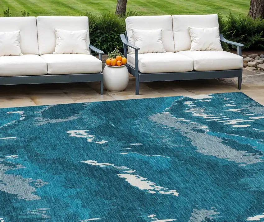 Navy Blue And Teal Blue Abstract Washable Indoor Outdoor Area Rug Photo 1