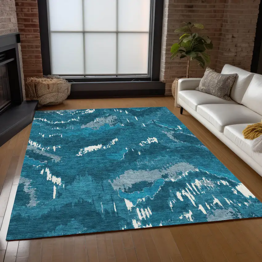 Navy Blue And Teal Blue Abstract Washable Indoor Outdoor Area Rug Photo 9