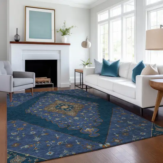 Navy Blue And Teal Blue Geometric Washable Indoor Outdoor Area Rug Photo 6