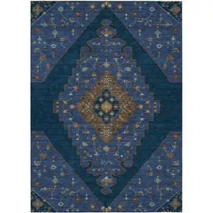 Photo of Navy Blue And Teal Blue Geometric Washable Indoor Outdoor Area Rug
