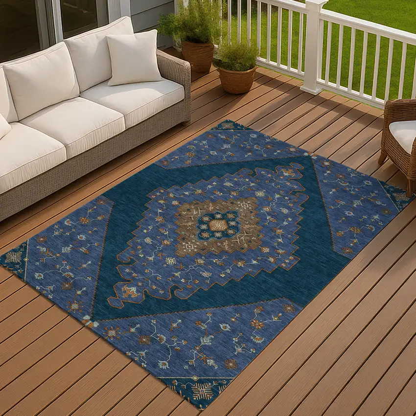 Navy Blue And Teal Blue Geometric Washable Indoor Outdoor Area Rug Photo 7