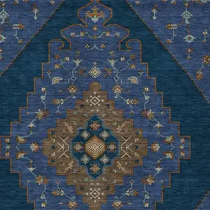 Photo of Navy Blue And Teal Blue Geometric Washable Indoor Outdoor Area Rug