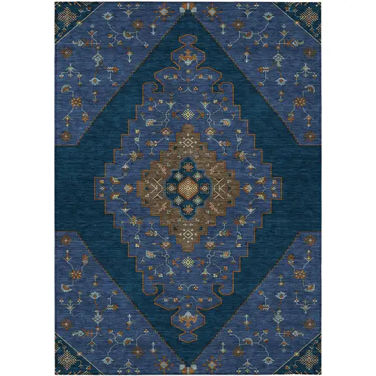 Navy Blue And Teal Blue Geometric Washable Indoor Outdoor Area Rug Photo 1