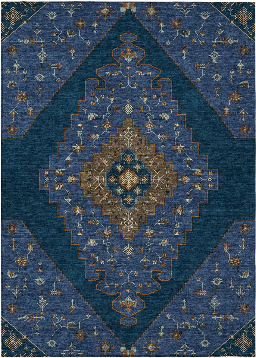 Navy Blue And Teal Blue Geometric Washable Indoor Outdoor Area Rug Photo 1