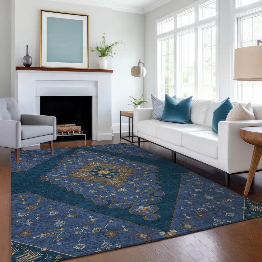 Navy Blue And Teal Blue Geometric Washable Indoor Outdoor Area Rug Photo 6