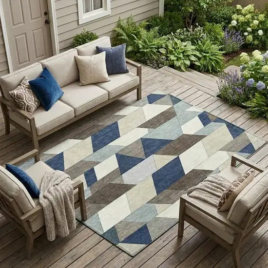 Navy Blue And Teal Blue Geometric Washable Indoor Outdoor Area Rug Photo 1