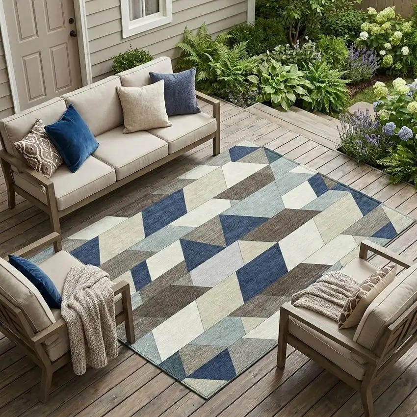 Navy Blue And Teal Blue Geometric Washable Indoor Outdoor Area Rug Photo 1