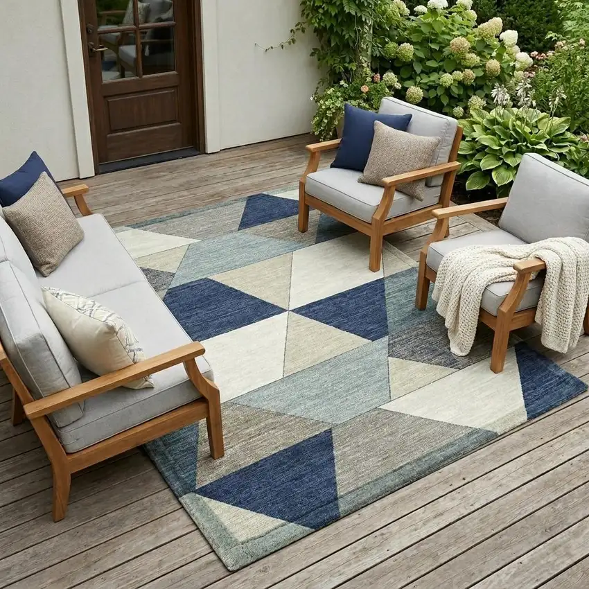 Navy Blue And Teal Blue Geometric Washable Indoor Outdoor Area Rug Photo 1