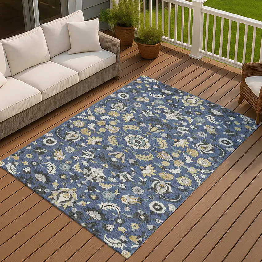 Navy Blue And Wheat Floral Medallion Washable Indoor Outdoor Area Rug Photo 7