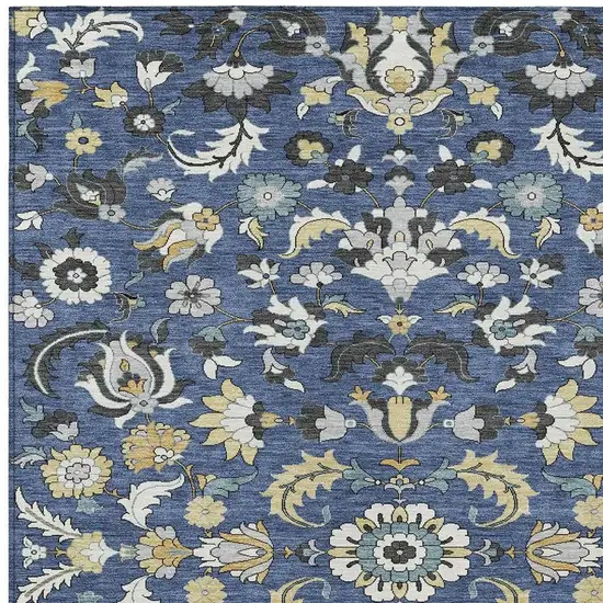 Navy Blue And Wheat Floral Medallion Washable Indoor Outdoor Area Rug Photo 2