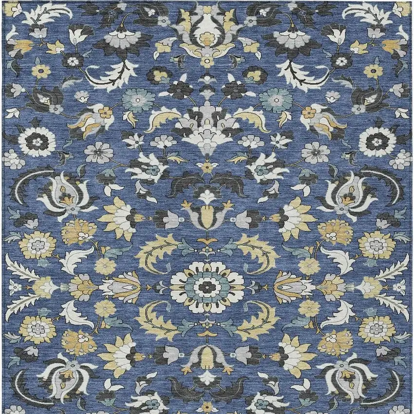 Navy Blue And Wheat Floral Medallion Washable Indoor Outdoor Area Rug Photo 3