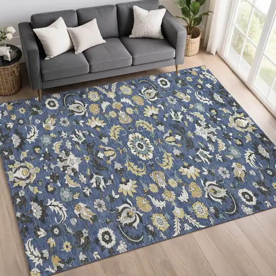 Navy Blue And Wheat Floral Medallion Washable Indoor Outdoor Area Rug Photo 6