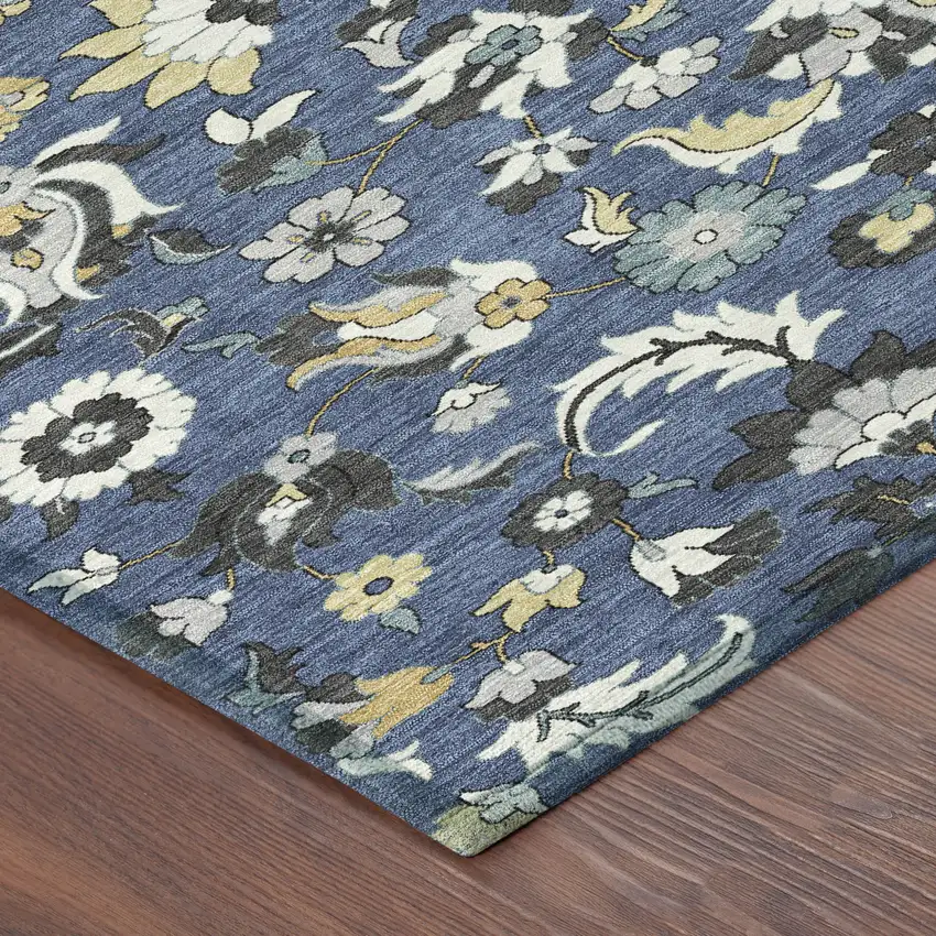 Navy Blue And Wheat Floral Medallion Washable Indoor Outdoor Area Rug Photo 8