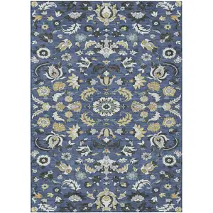 Photo of Navy Blue And Wheat Floral Medallion Washable Indoor Outdoor Area Rug