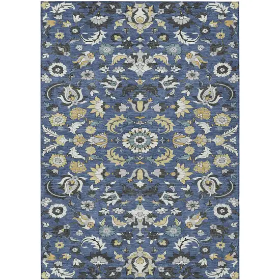 Navy Blue And Wheat Floral Medallion Washable Indoor Outdoor Area Rug Photo 1