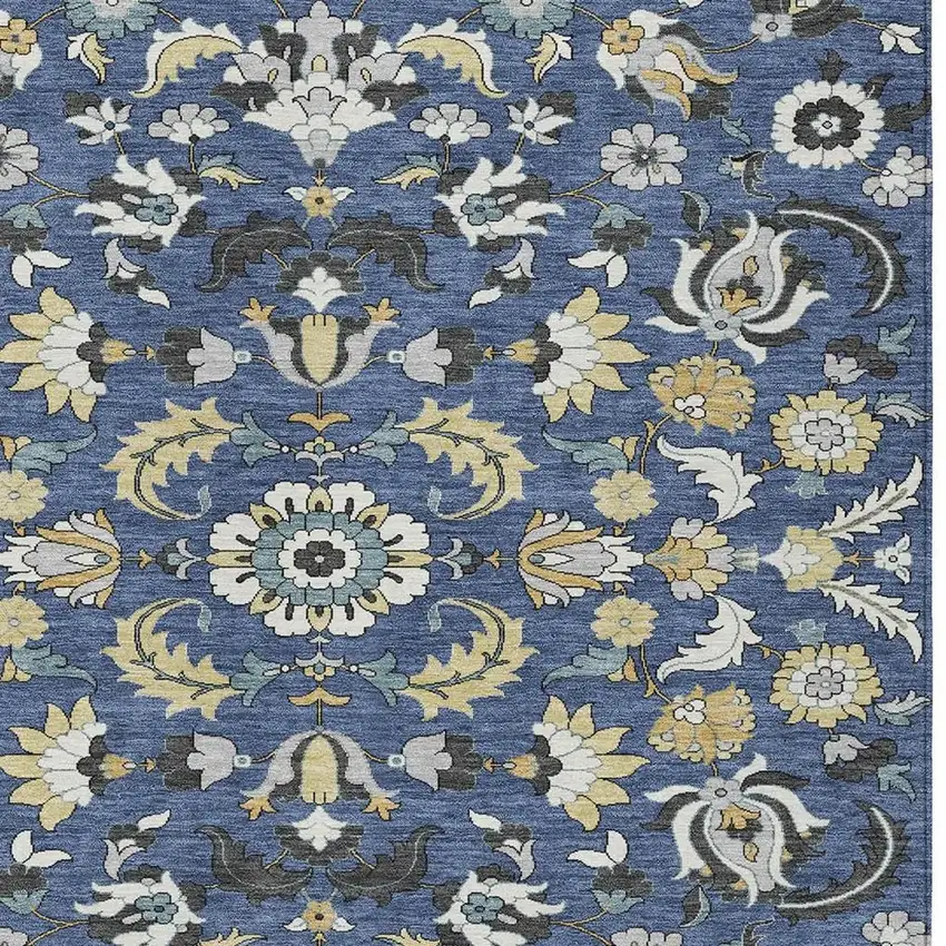 Navy Blue And Wheat Floral Medallion Washable Indoor Outdoor Area Rug Photo 2