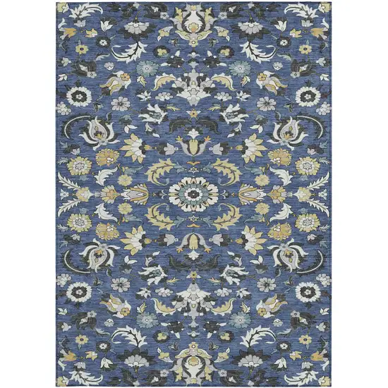Navy Blue And Wheat Floral Medallion Washable Indoor Outdoor Area Rug Photo 3