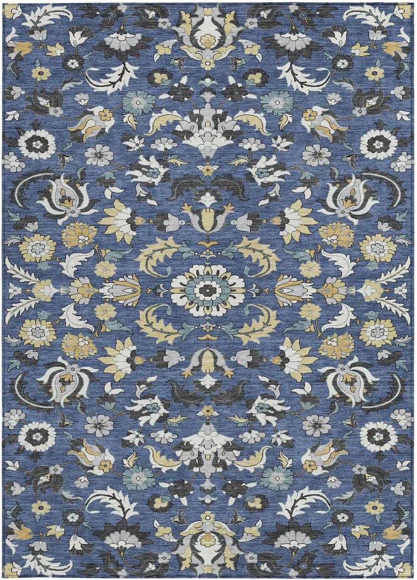 Navy Blue And Wheat Floral Medallion Washable Indoor Outdoor Area Rug Photo 3