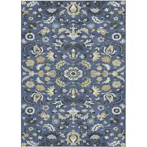 Photo of Navy Blue And Wheat Floral Medallion Washable Indoor Outdoor Area Rug