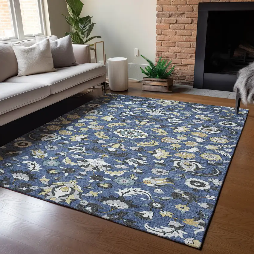 Navy Blue And Wheat Floral Medallion Washable Indoor Outdoor Area Rug Photo 5