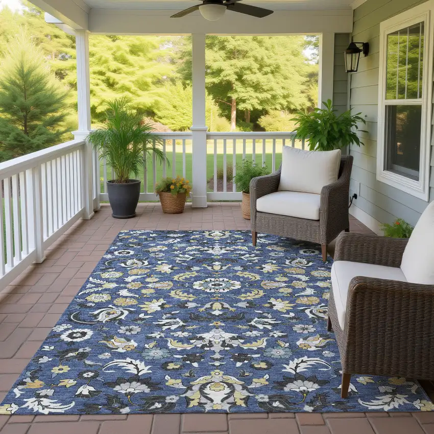 Navy Blue And Wheat Floral Medallion Washable Indoor Outdoor Area Rug Photo 4