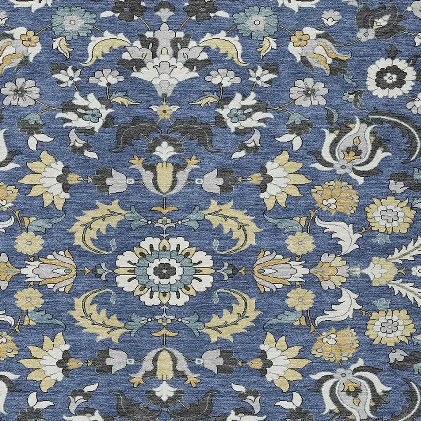 Navy Blue And Wheat Floral Medallion Washable Indoor Outdoor Area Rug Photo 2