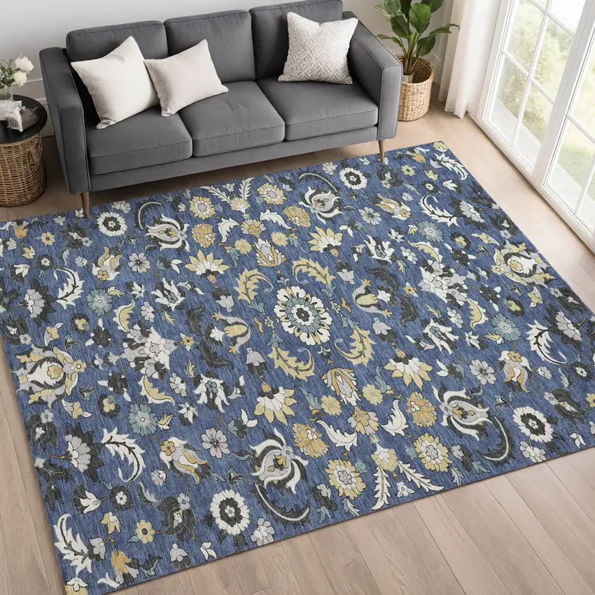 Navy Blue And Wheat Floral Medallion Washable Indoor Outdoor Area Rug Photo 6
