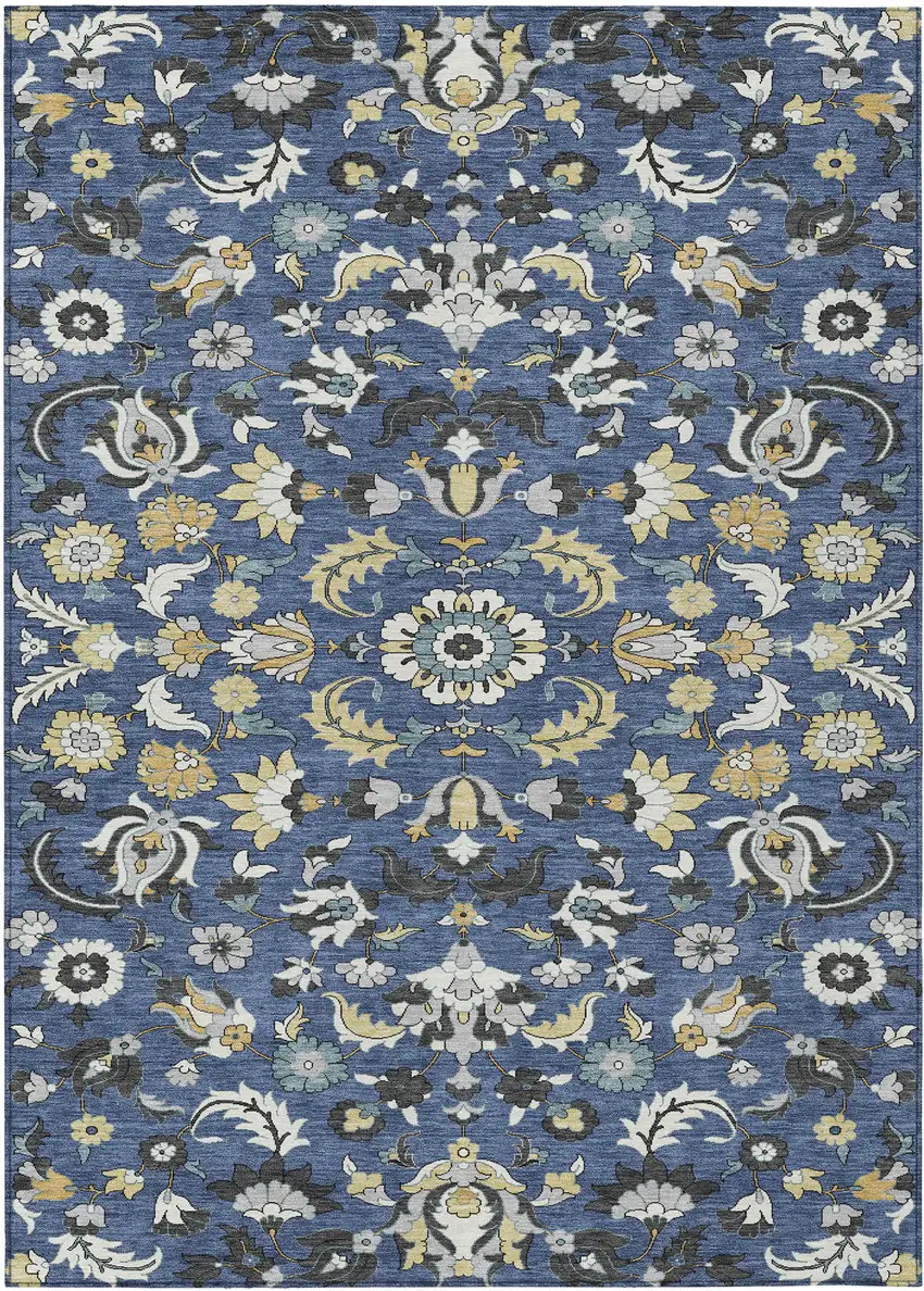 Navy Blue And Wheat Floral Medallion Washable Indoor Outdoor Area Rug Photo 1