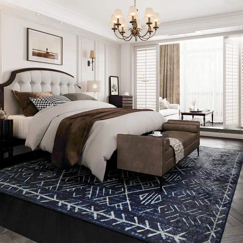 Navy Blue And White Abstract Geometric Distressed Washable Area Rug Photo 5