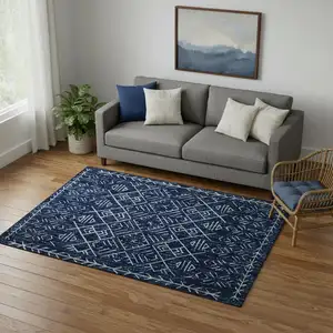 Photo of Navy Blue And White Abstract Geometric Distressed Washable Area Rug