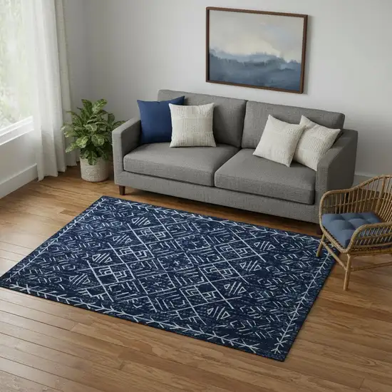 Navy Blue And White Abstract Geometric Distressed Washable Area Rug Photo 1