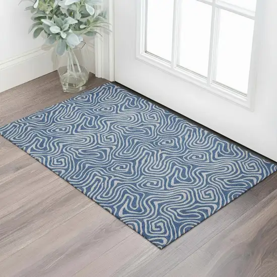 Navy Blue And White Abstract Washable Area Rug With UV Protection Photo 2