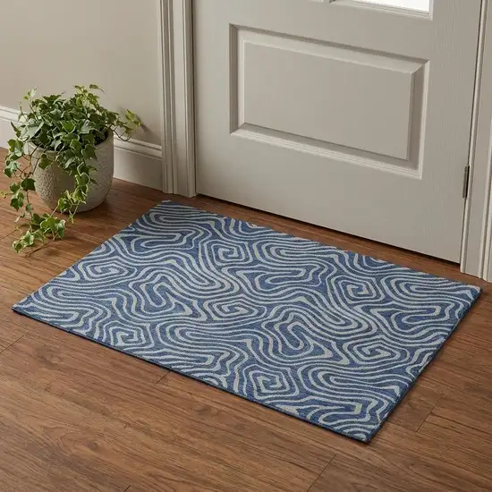 Navy Blue And White Abstract Washable Area Rug With UV Protection Photo 1