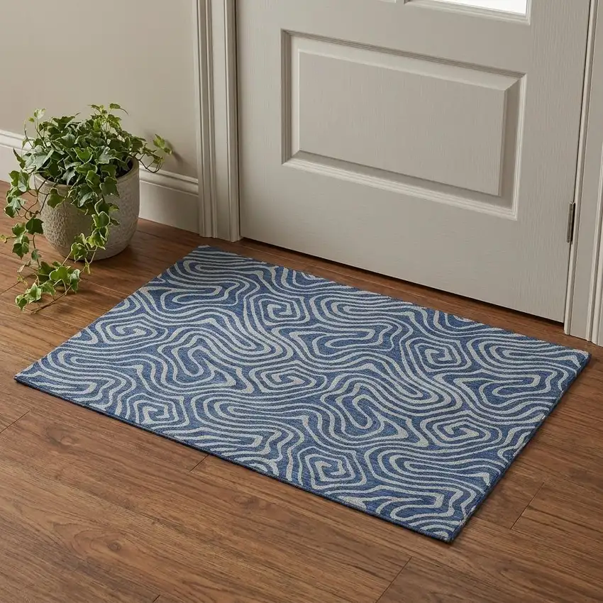 Navy Blue And White Abstract Washable Area Rug With UV Protection Photo 1