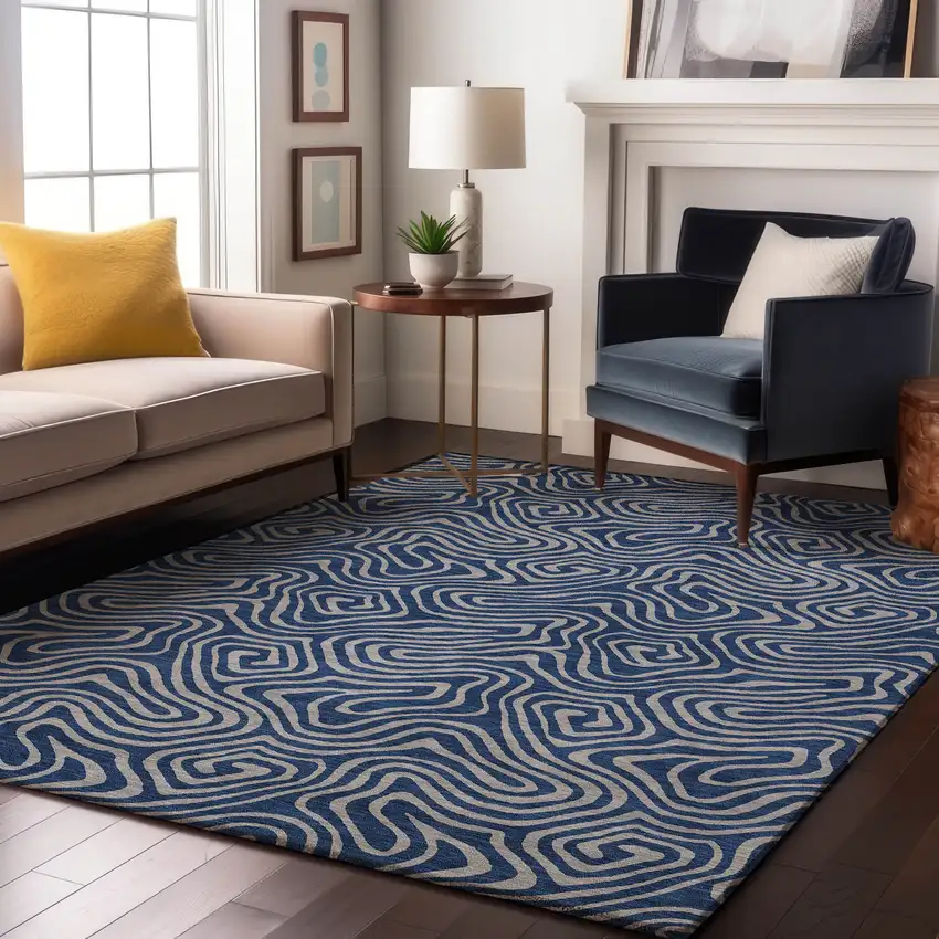 Navy Blue And White Abstract Washable Area Rug With UV Protection Photo 4