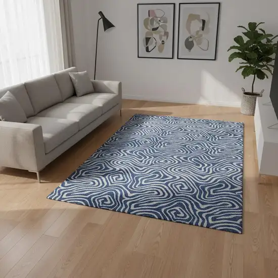 Navy Blue And White Abstract Washable Area Rug With UV Protection Photo 2