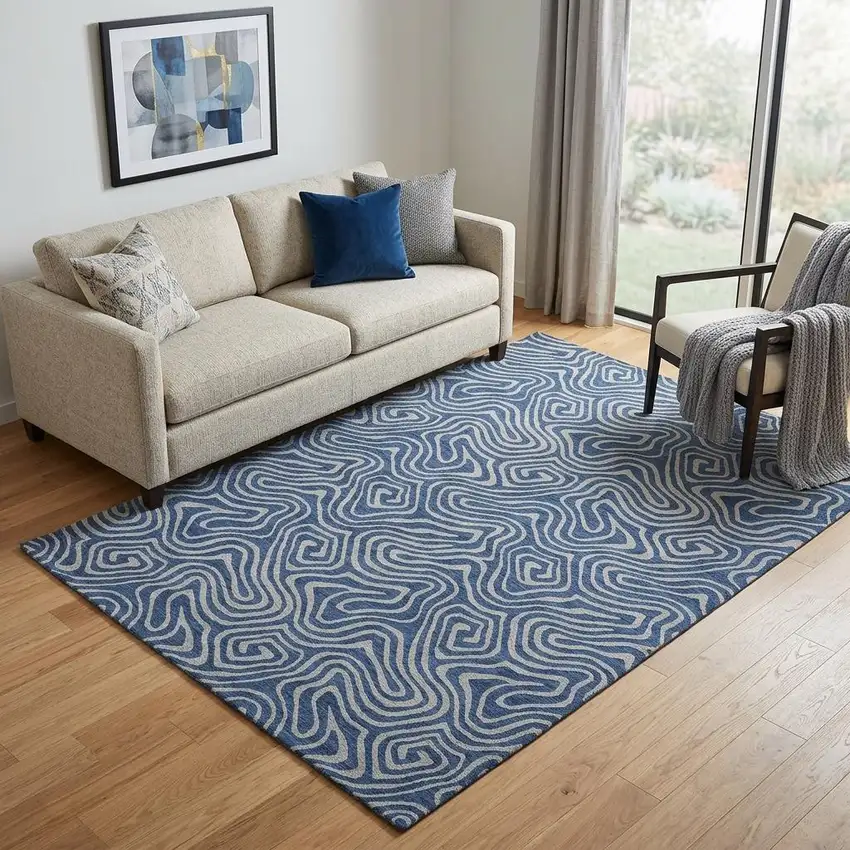 Navy Blue And White Abstract Washable Area Rug With UV Protection Photo 1