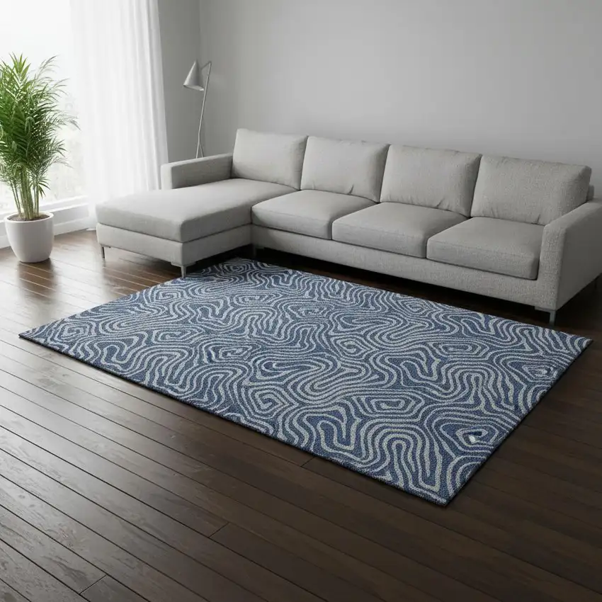 Navy Blue And White Abstract Washable Area Rug With UV Protection Photo 2