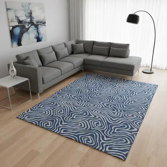 Navy Blue And White Abstract Washable Area Rug With UV Protection Photo 2