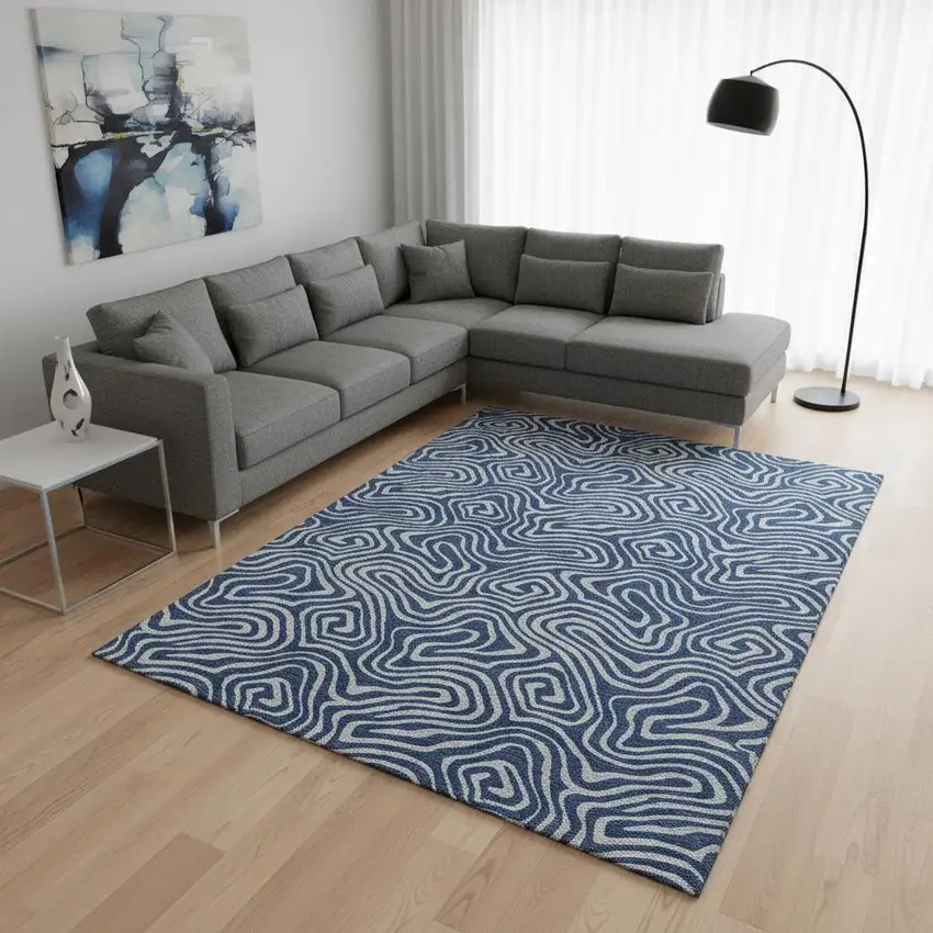 Navy Blue And White Abstract Washable Area Rug With UV Protection Photo 2