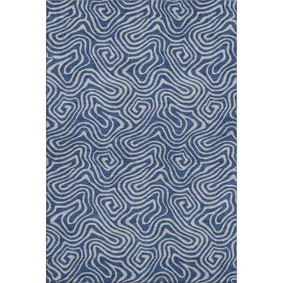 Navy Blue And White Abstract Washable Area Rug With UV Protection Photo 1