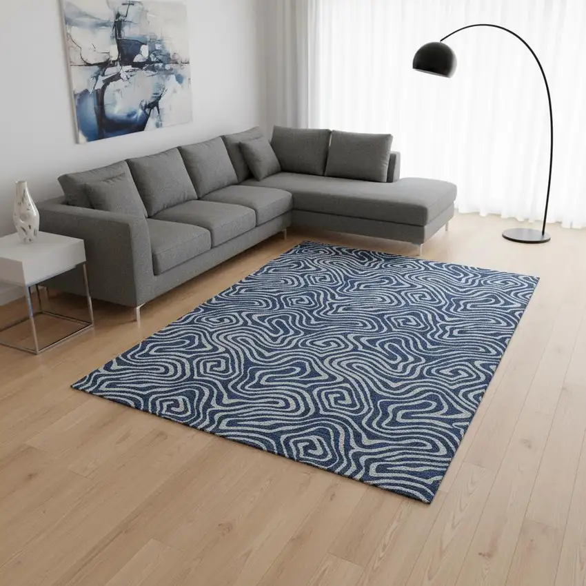 Navy Blue And White Abstract Washable Area Rug With UV Protection Photo 2
