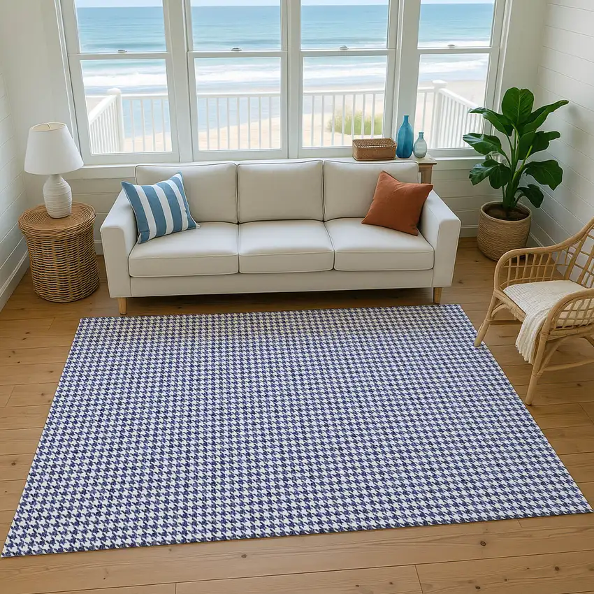 Navy Blue And White Houndstooth Washable Area Rug With UV Protection Photo 5