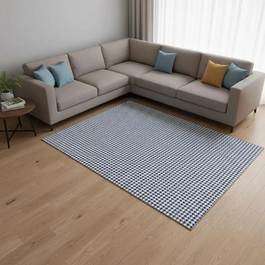 Navy Blue And White Houndstooth Washable Area Rug With UV Protection Photo 1