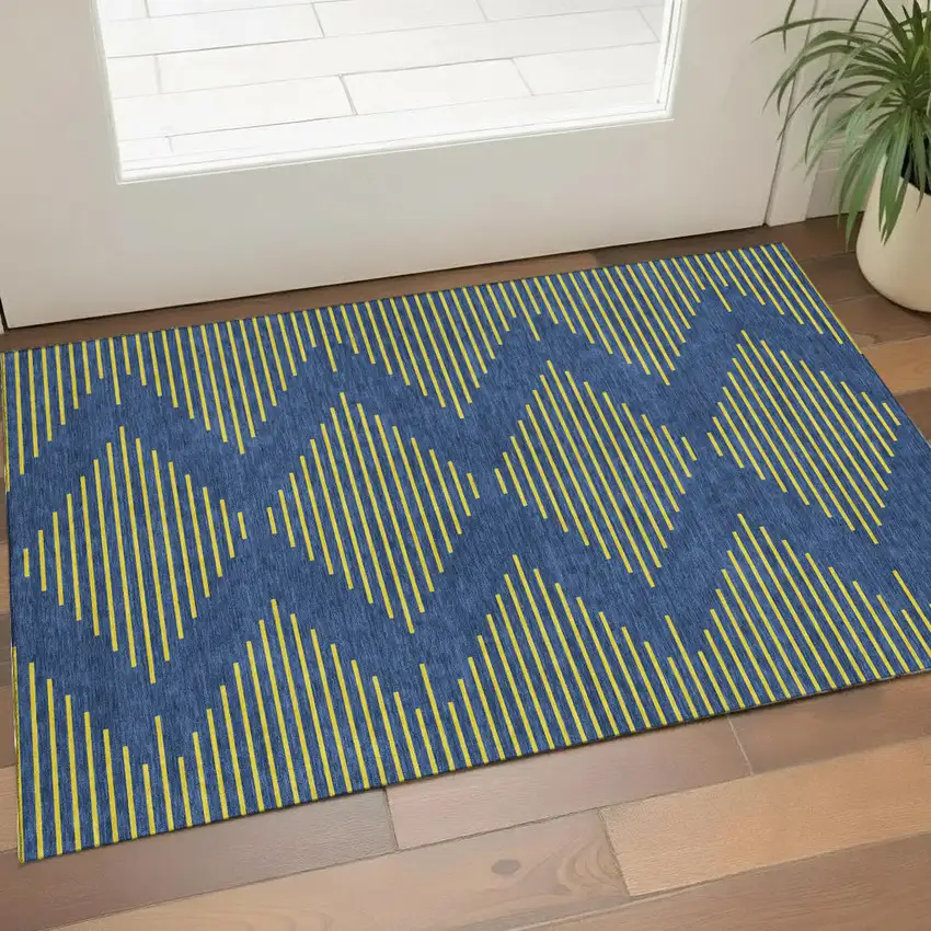 Navy Blue And Yellow Geometric Washable Area Rug With UV Protection Photo 1