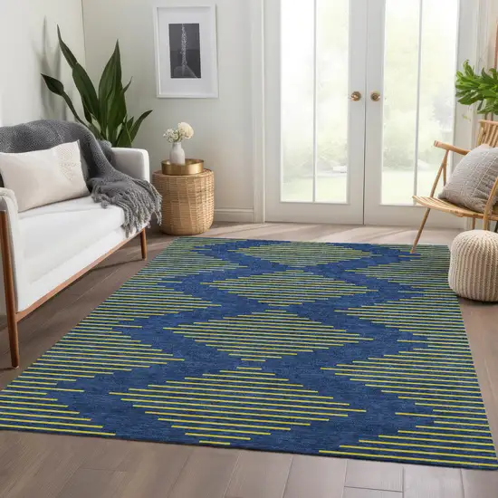 Navy Blue And Yellow Geometric Washable Area Rug With UV Protection Photo 5