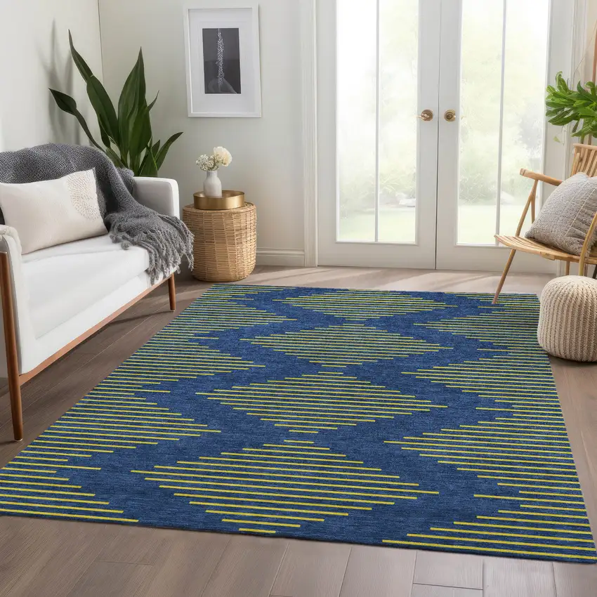 Navy Blue And Yellow Geometric Washable Area Rug With UV Protection Photo 5